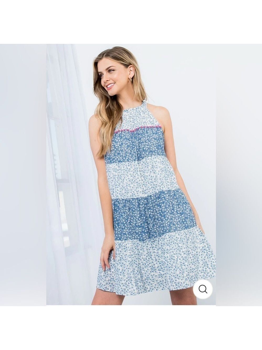 THML HALTER FLOWER PRINT DRESS Blue Floral Halter Dress Size Small EUC